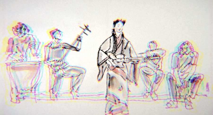 Illustrated sketch of Yijia performing with her band