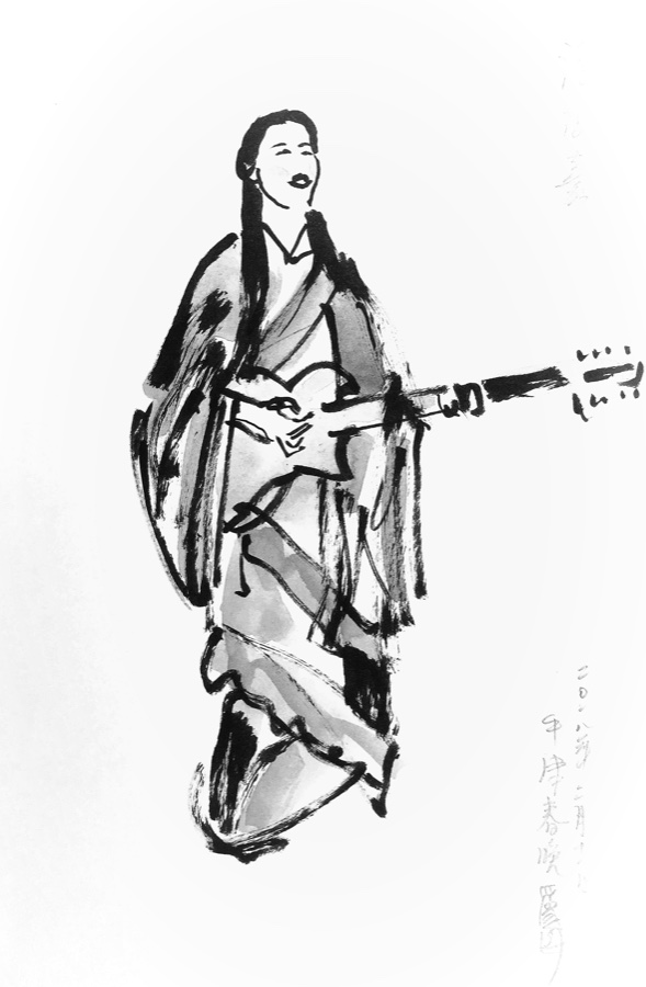 Ink illustration of Yijia performing